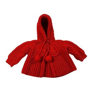 Vtg Hand Knit Red Baby Cardigan‎ Hood Pom Pom Sweater Jacket Shawl Infant
